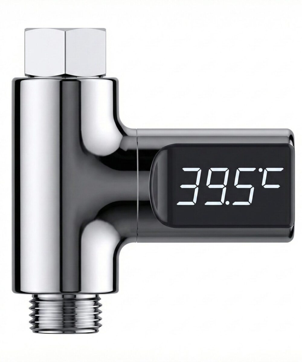 מד טמפרטורה דיגיטלי למקלחת עם צג LED מסתובב – ללא צורך בסוללות