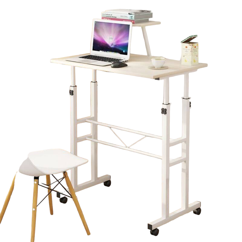 שולחן עמידה מתכוון על גלגלים למחשב או לכתיבה – קל להרכבה - עץ-לבן