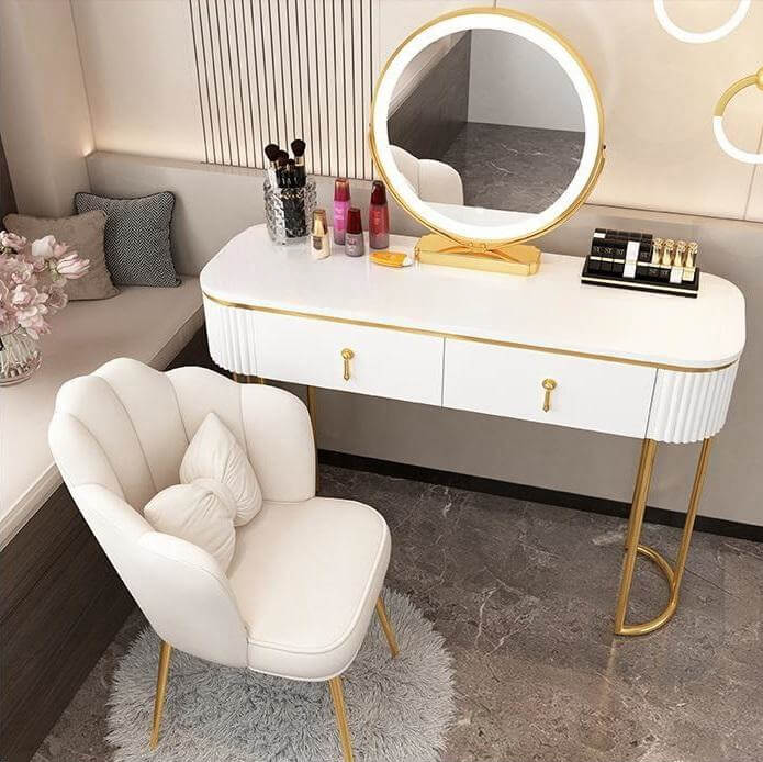 שידת איפור נורדית 100 ס"מ עם מראה הוליוודית ותאורת LED-דגם NORDIC - לבן-רגליים-זהב