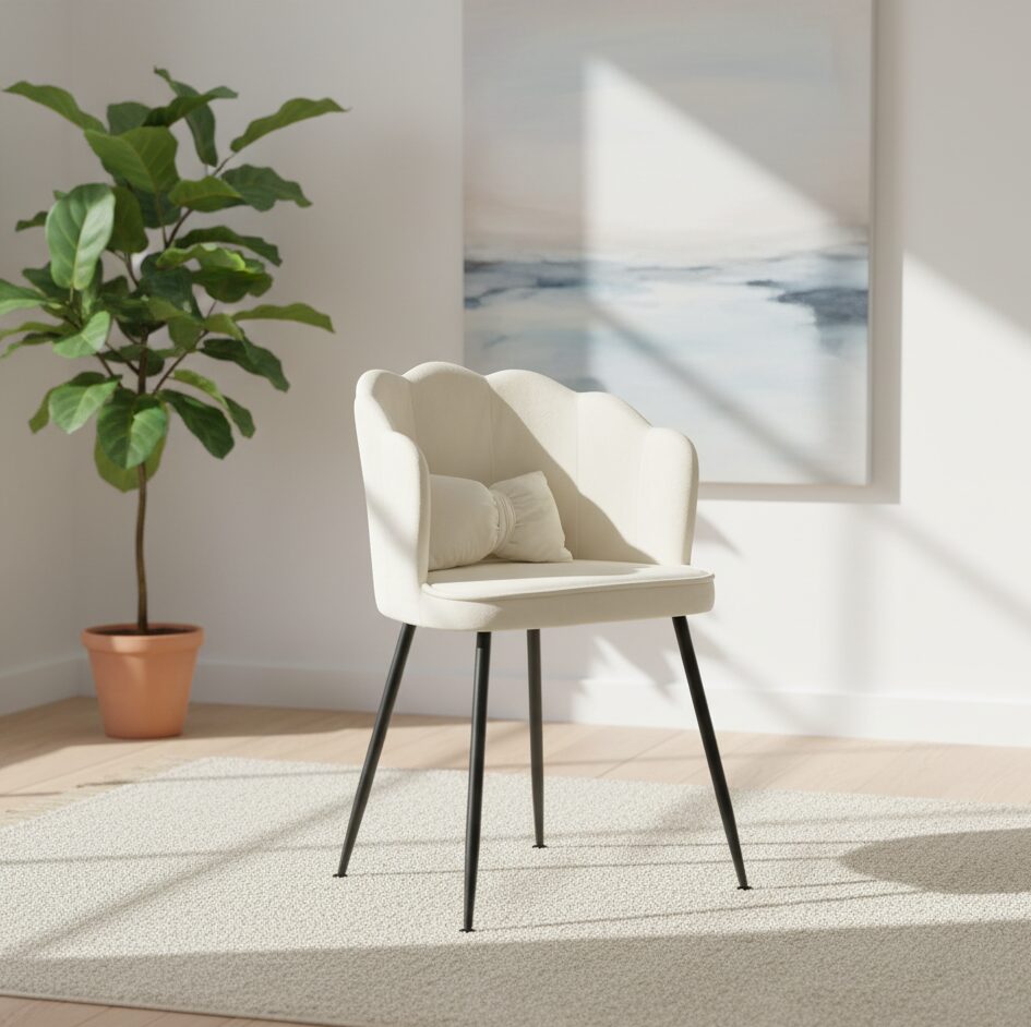 כיסא קטיפה מרופד | רגליים מתכווננות | עיצוב קונכייה ייחודי - אוף וויט-רגלים שחורות