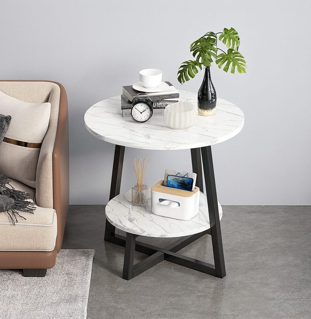 שולחן צד עגול LUNA – עיצוב שיש/אבן יוקרתי עם מדף כפול - לבן דמוי שיש