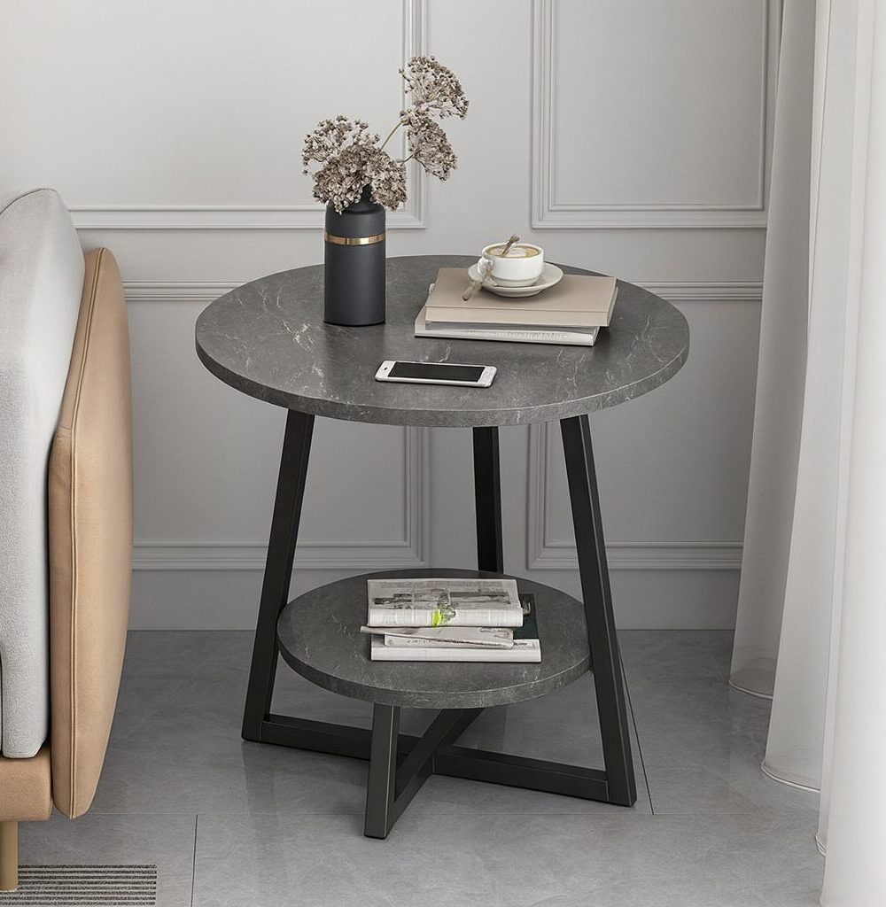 שולחן צד עגול LUNA – עיצוב שיש/אבן יוקרתי עם מדף כפול - אפור דמוי שיש