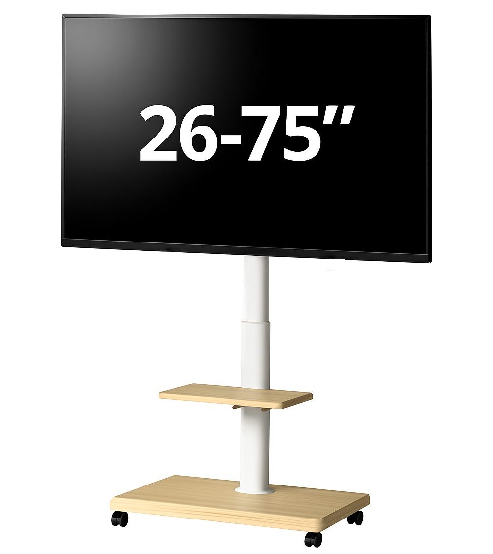 מעמד טלוויזיה נייד דגם FLOW – סטנד רצפתי מעוצב בשילוב עץ ("26-"75) - עץ בהיר בסיס לבן