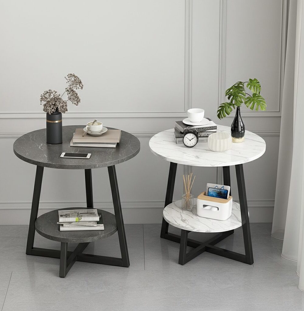 שולחן צד עגול LUNA – עיצוב שיש/אבן יוקרתי עם מדף כפול