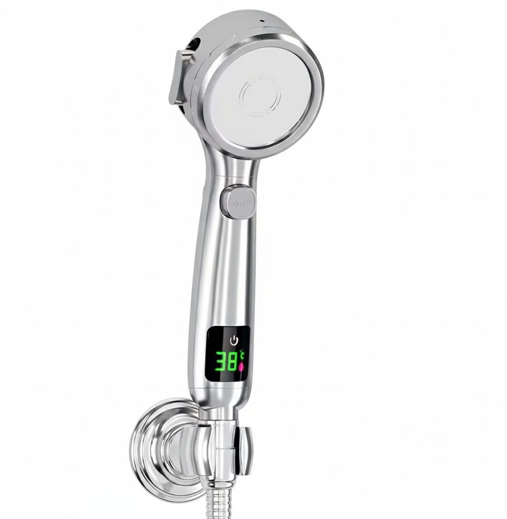 ראש מקלחת חכם עם צג טמפרטורה דיגיטלי ו-4 מצבי זרימה - כסוף