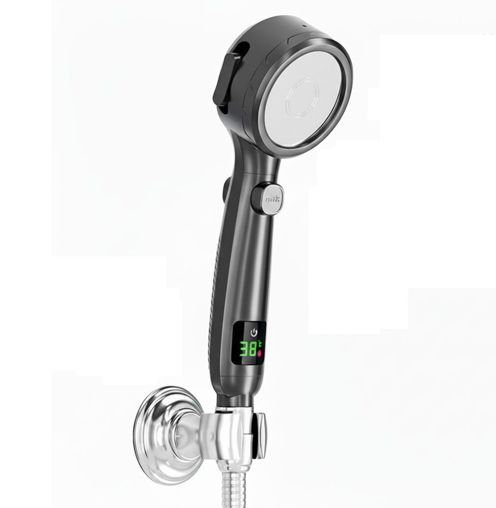 ראש מקלחת חכם עם צג טמפרטורה דיגיטלי ו-4 מצבי זרימה - אפור כהה