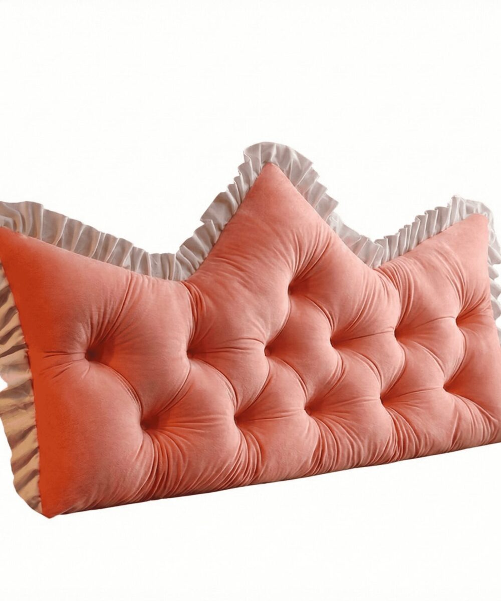 כרית ראש מיטה מרופדת בצורת כתר – עם כיסוי קטיפה נשלף לכביסה - ורוד