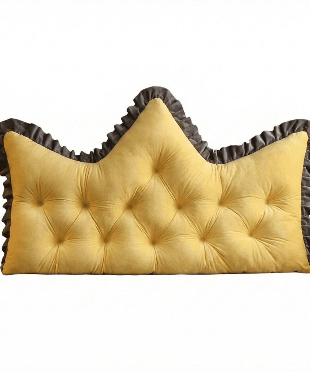 כרית ראש מיטה מרופדת בצורת כתר – עם כיסוי קטיפה נשלף לכביסה - צהוב