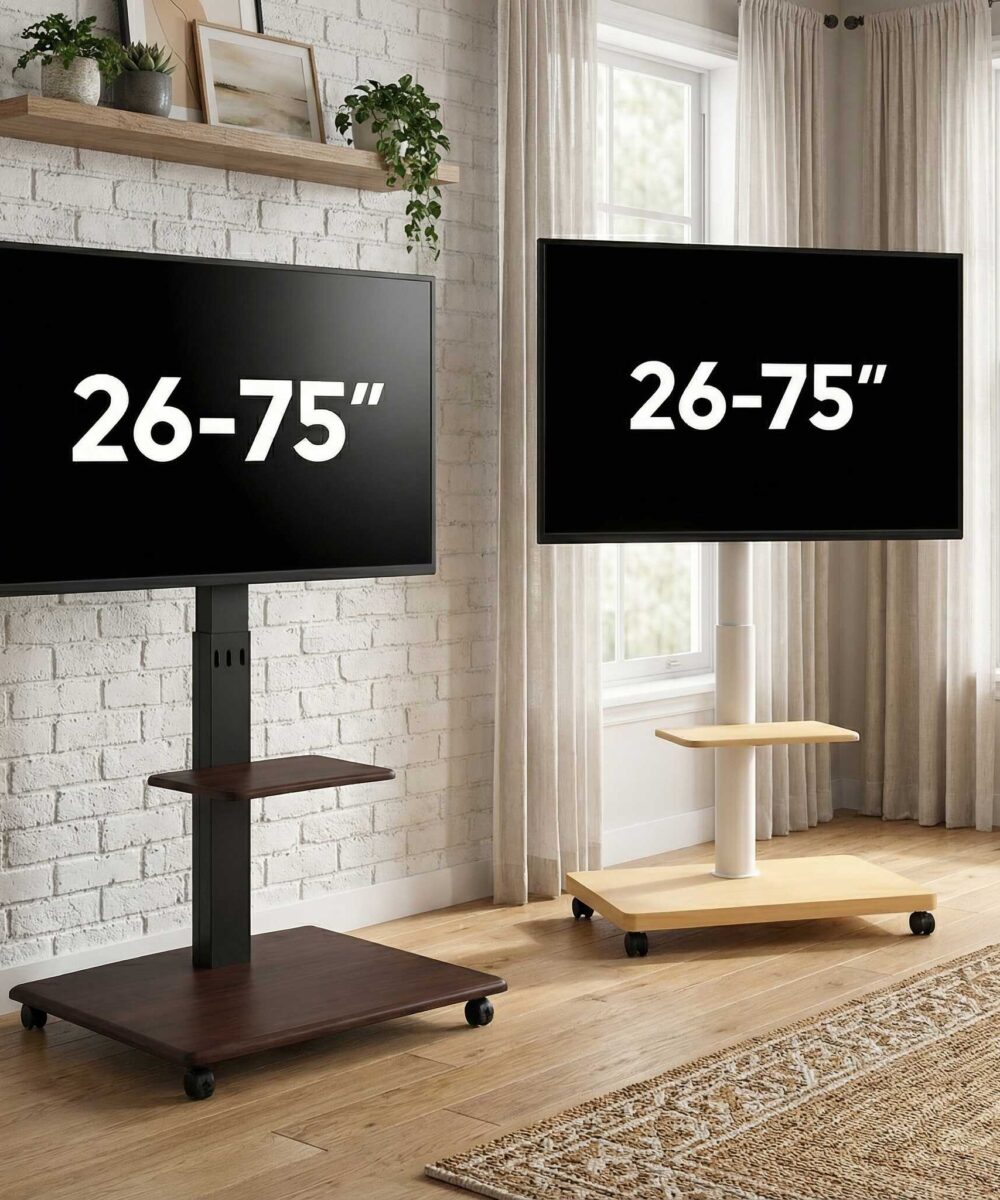מעמד טלוויזיה נייד דגם FLOW – סטנד רצפתי מעוצב בשילוב עץ ("26-"75)