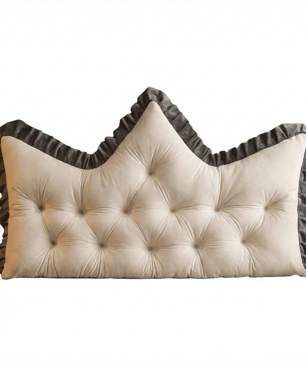 כרית ראש מיטה מרופדת בצורת כתר – עם כיסוי קטיפה נשלף לכביסה - לבן