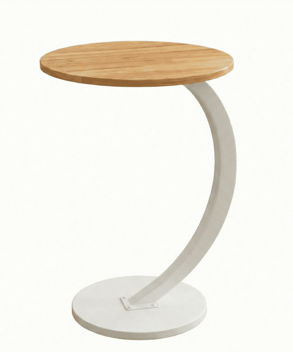 שולחן צד C עגול לספה – נכנס מתחת לספה/מיטה - דמוי עץ בסיס לבן