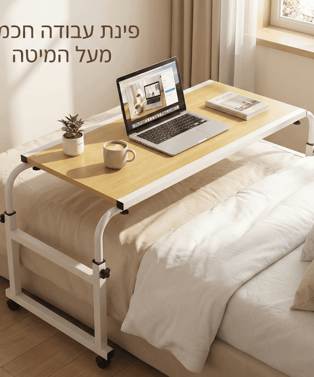 שולחן מעל מיטה זוגית, על גלגלים 140×50 ס״מ – מתכוונן בגובה וברוחב