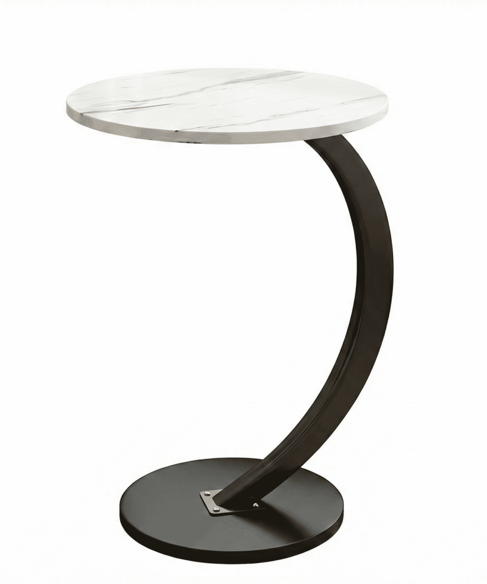 שולחן צד C עגול לספה – נכנס מתחת לספה/מיטה - דמוי שיש לבן בסיס שחור