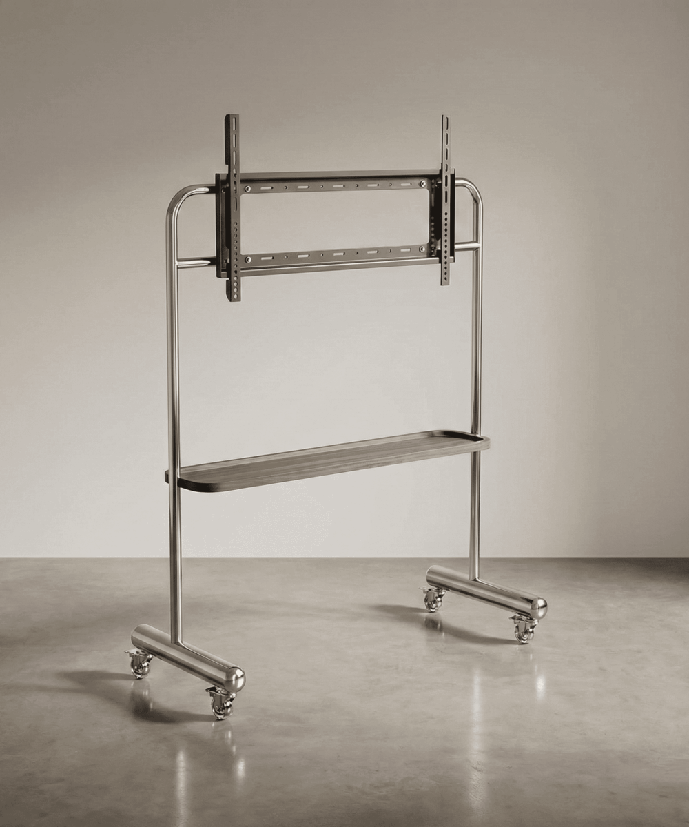 סטנד טלוויזיה 32-75, נייד MODO – שלדת אלומיניום ומדף עץ