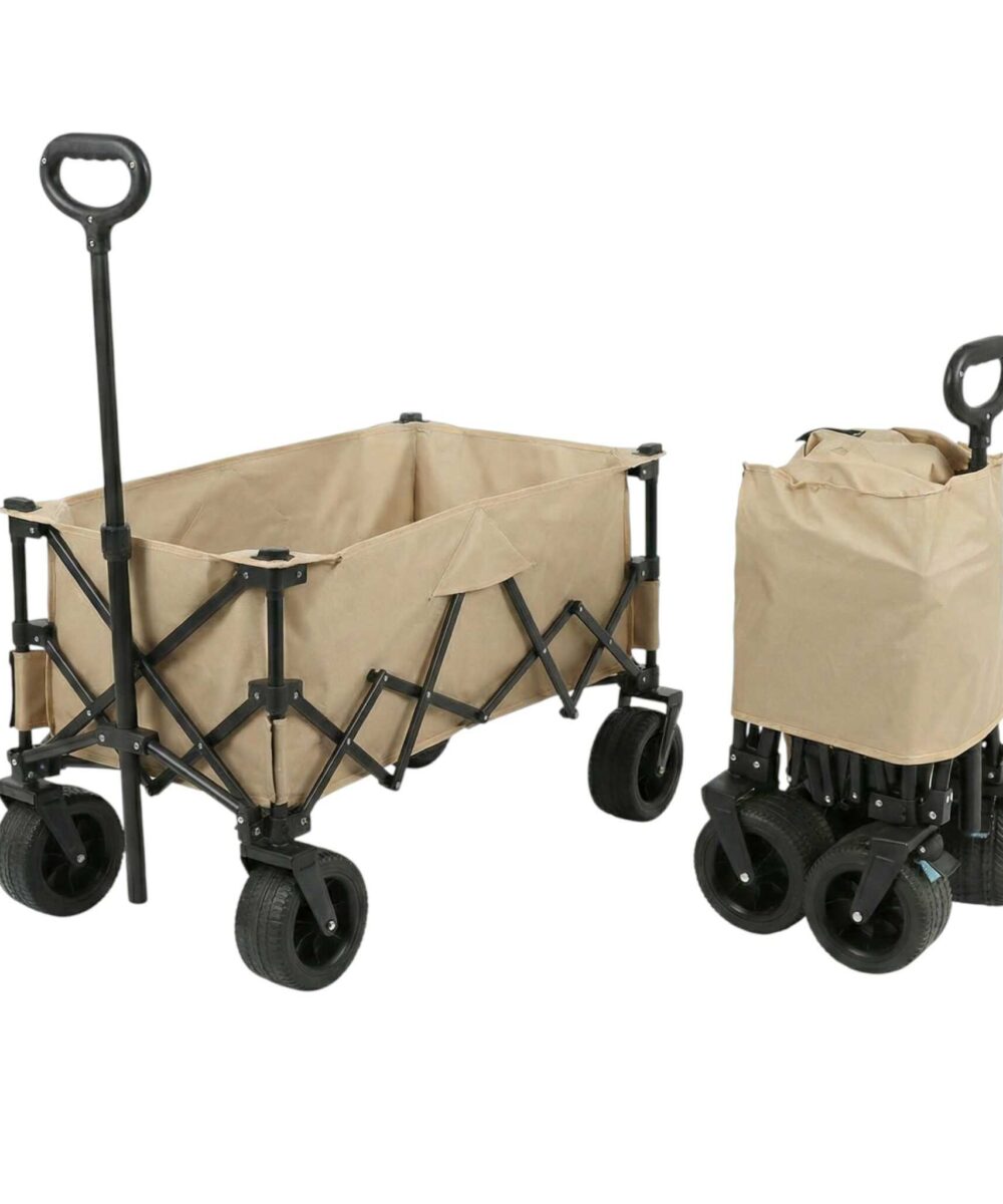 עגלת קמפינג ענקית מתקפלת קטן במיוחד, בד 600D, ידית טלסקופית + בלם, צבע קאקי