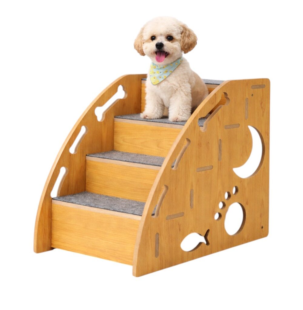 מדרגות עץ 4 שלבים לכלב או לחתול, עם שטיח למניעת החלקה