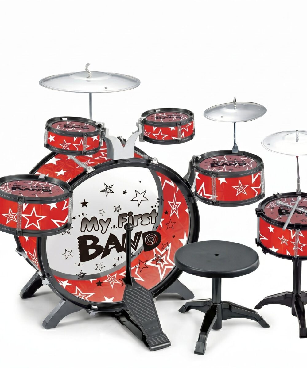 מערכת תופים לילדים My First Band – כולל כיסא ומקלות (כחול/אדום) - אדום