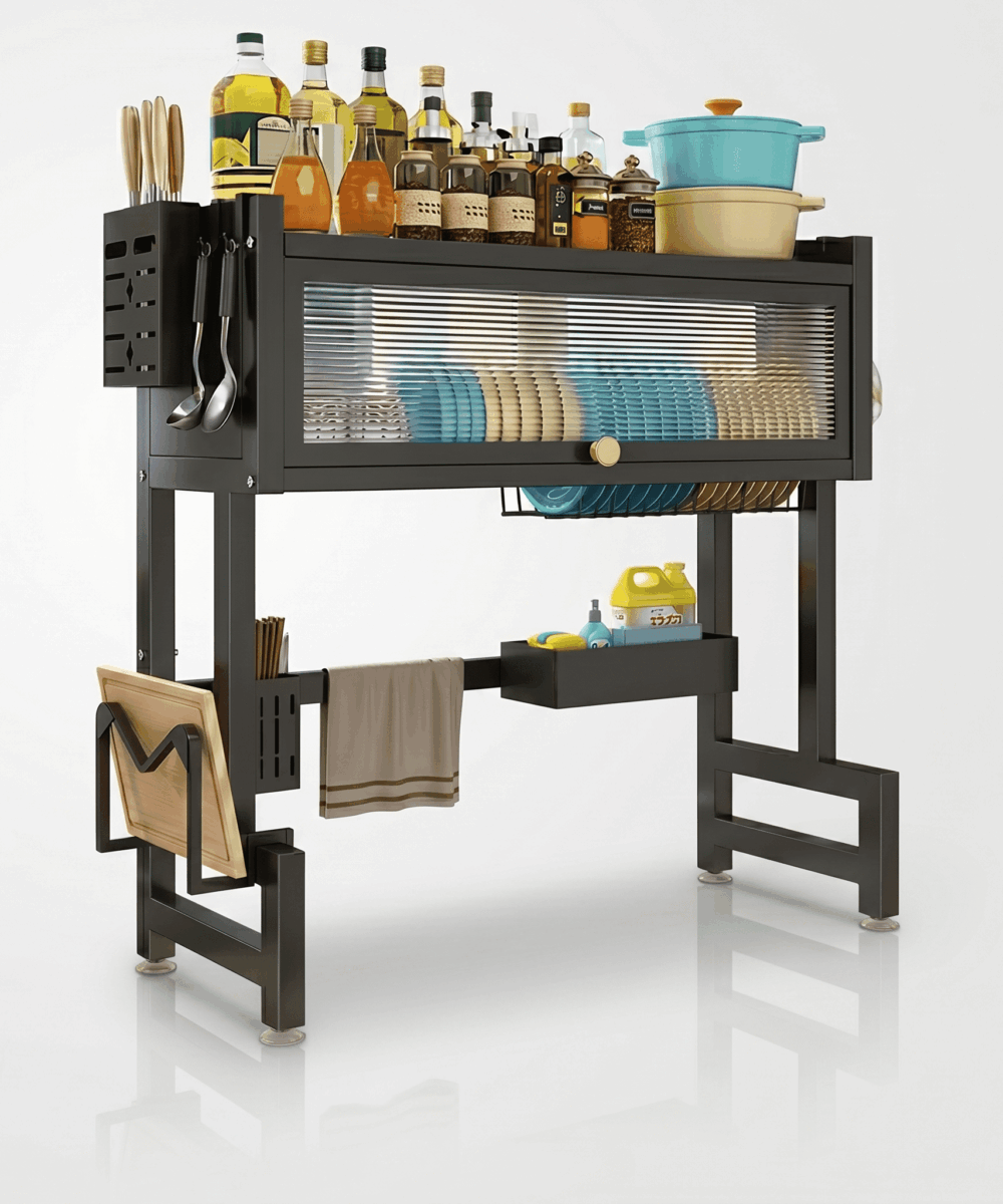 מתקן ייבוש כלים ואחסון מעל הכיור עם דלת הגנה – שחור