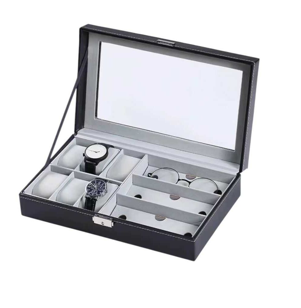 קופסת אחסון פרימיום לשעונים ומשקפיים – ארגונית יוקרתית (6 שעונים + 3 זוגות)