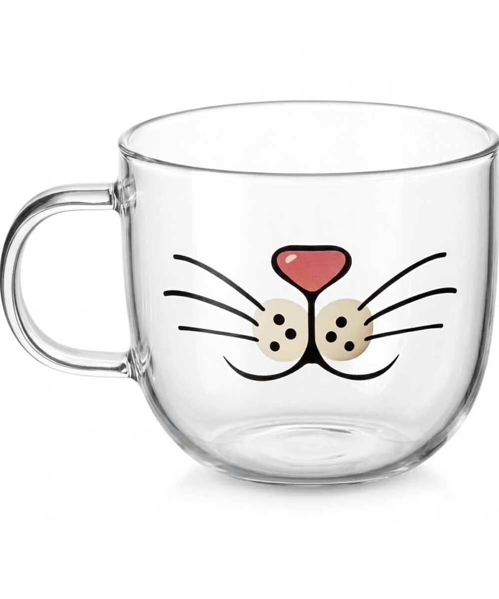 כוס זכוכית חתול MIAO עם הדפס אף ושפם על רקע לבן