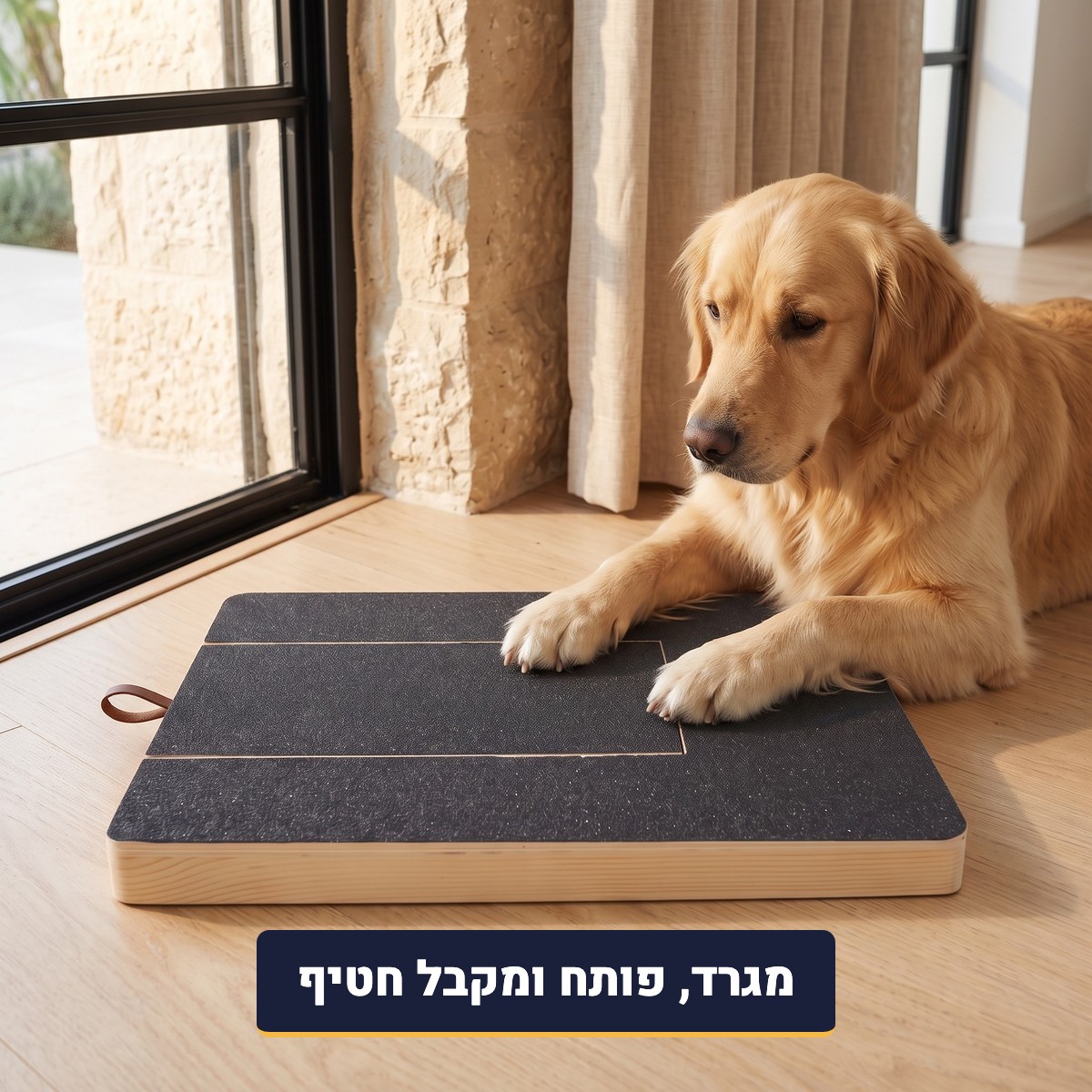 כלב גולדן מגרד את לוח שיוף הציפורניים ליד החלון