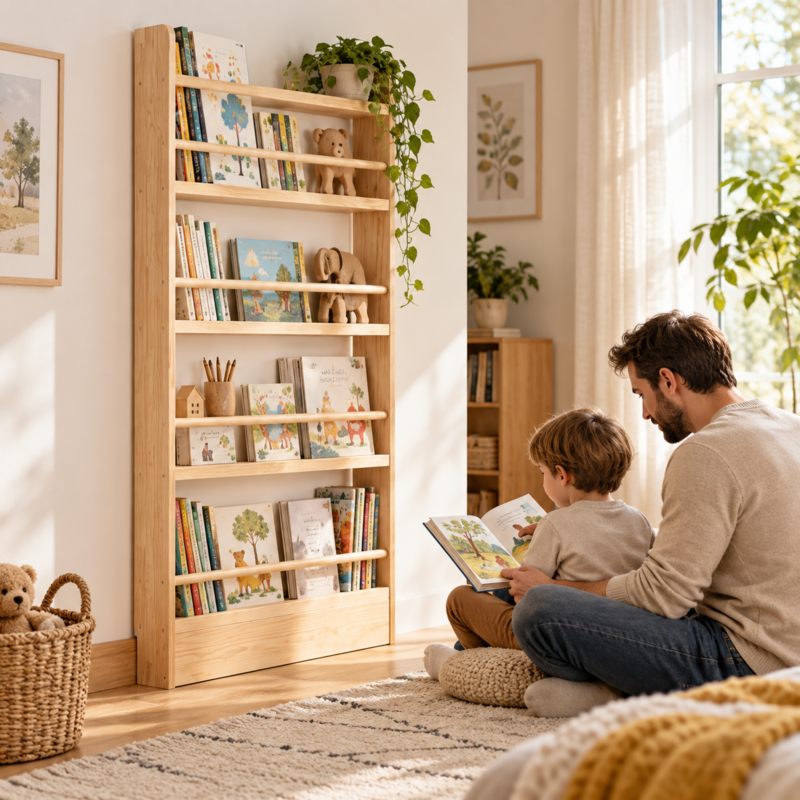 ספריית מונטסורי LIRA מעץ בחדר ילדים עם ספרי ילדים