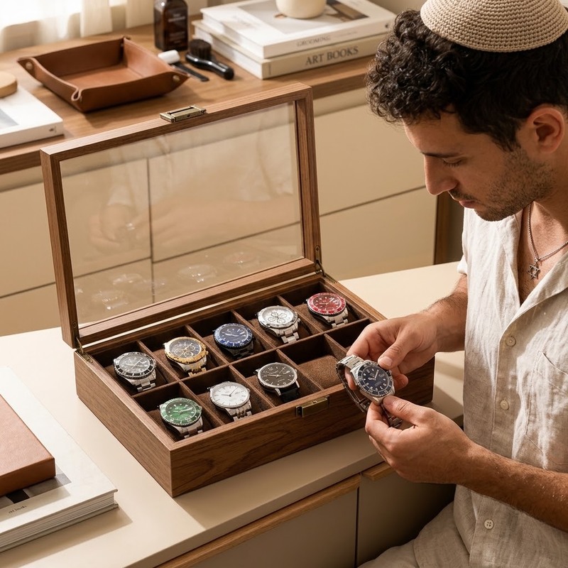 ארגונית שעונים מעץ על שידה עם אוסף שעונים